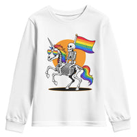Funny Skeleton Riding Unicorn LGBTQ Pride Youth Sweatshirt Rainbow Fantasy Graphic