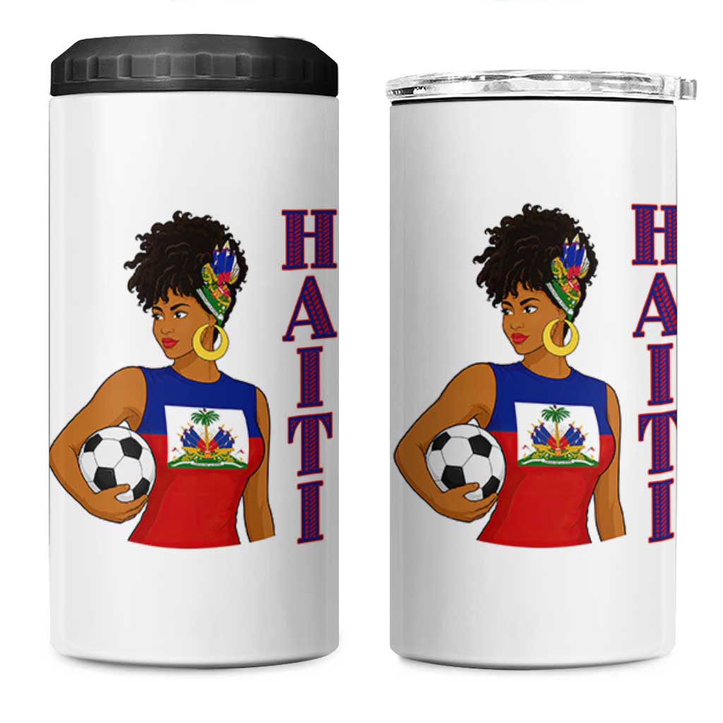Haitian Soccer Fan Girl 4 in 1 Can Cooler Tumbler Ayiti Heritage Pride Football Lover