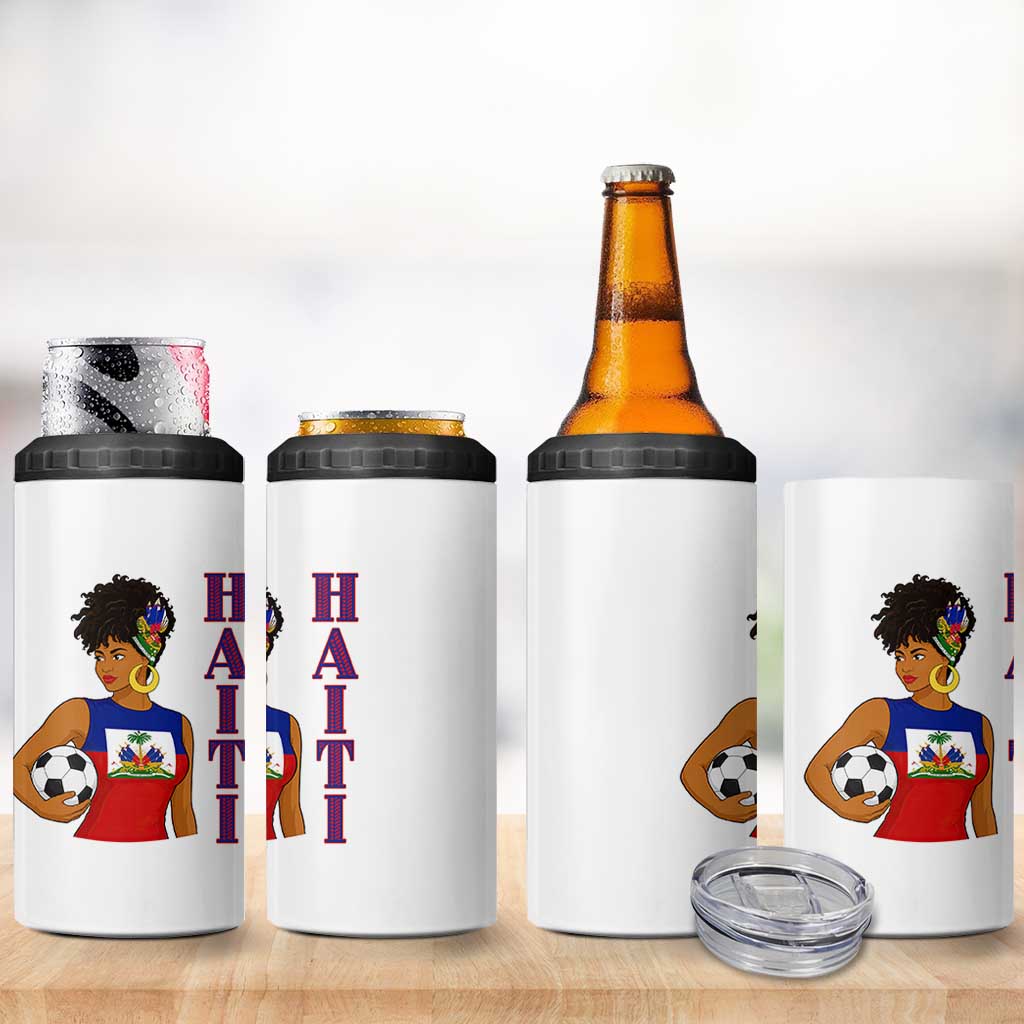Haitian Soccer Fan Girl 4 in 1 Can Cooler Tumbler Ayiti Heritage Pride Football Lover
