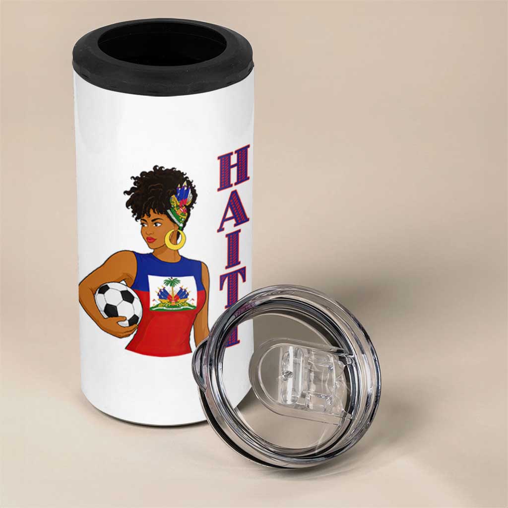 Haitian Soccer Fan Girl 4 in 1 Can Cooler Tumbler Ayiti Heritage Pride Football Lover