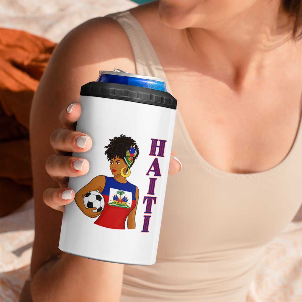 Haitian Soccer Fan Girl 4 in 1 Can Cooler Tumbler Ayiti Heritage Pride Football Lover