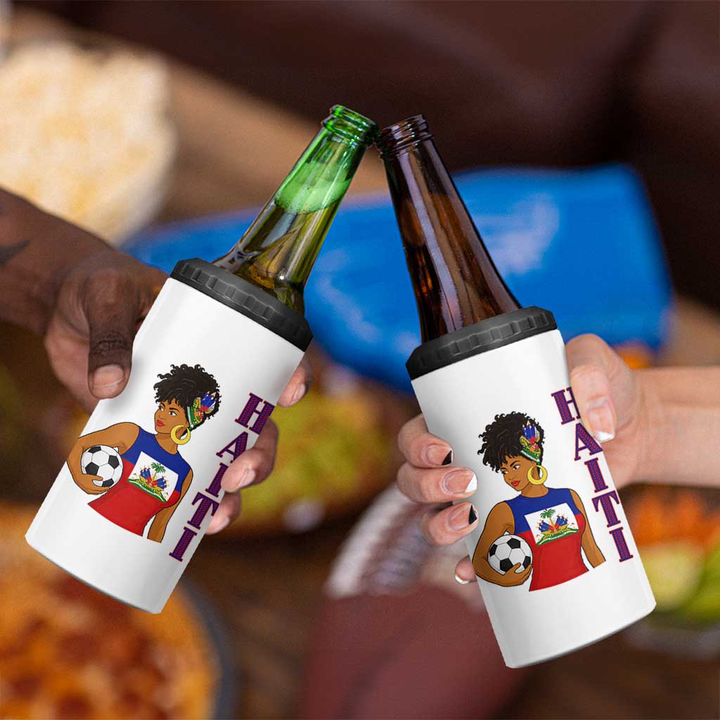 Haitian Soccer Fan Girl 4 in 1 Can Cooler Tumbler Ayiti Heritage Pride Football Lover