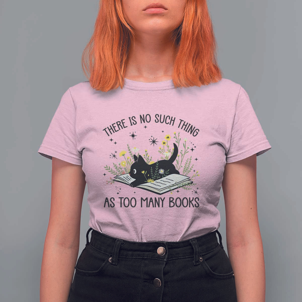 There Is No Such Thing As Too Many Books T Shirt For Women Cute Kitty Reading Book - Wonder Print Shop
