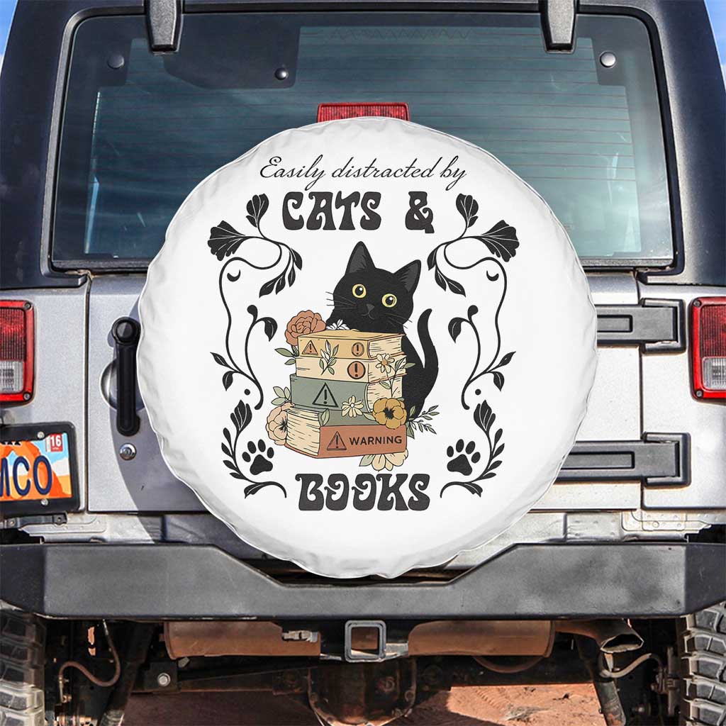 Easily Distracted By Cats And Books Spare Tire Cover Funny Book Kitty Lover - Wonder Print Shop