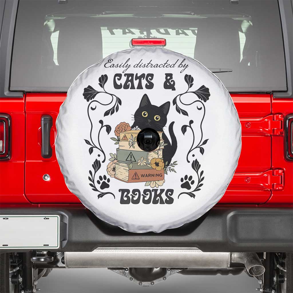 Easily Distracted By Cats And Books Spare Tire Cover Funny Book Kitty Lover - Wonder Print Shop