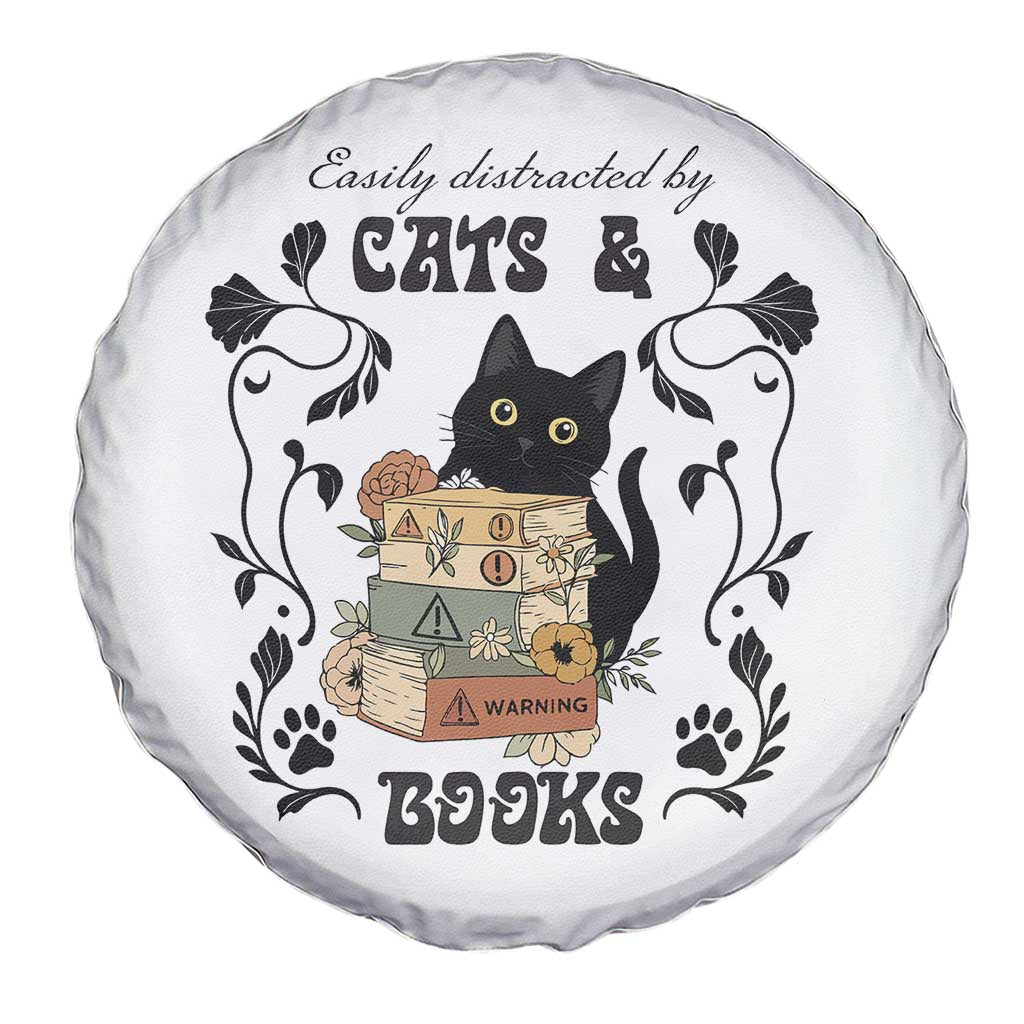 Easily Distracted By Cats And Books Spare Tire Cover Funny Book Kitty Lover - Wonder Print Shop