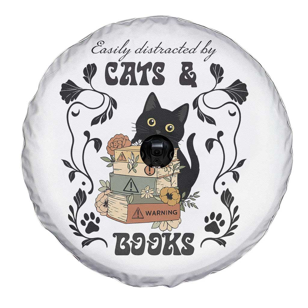 Easily Distracted By Cats And Books Spare Tire Cover Funny Book Kitty Lover - Wonder Print Shop