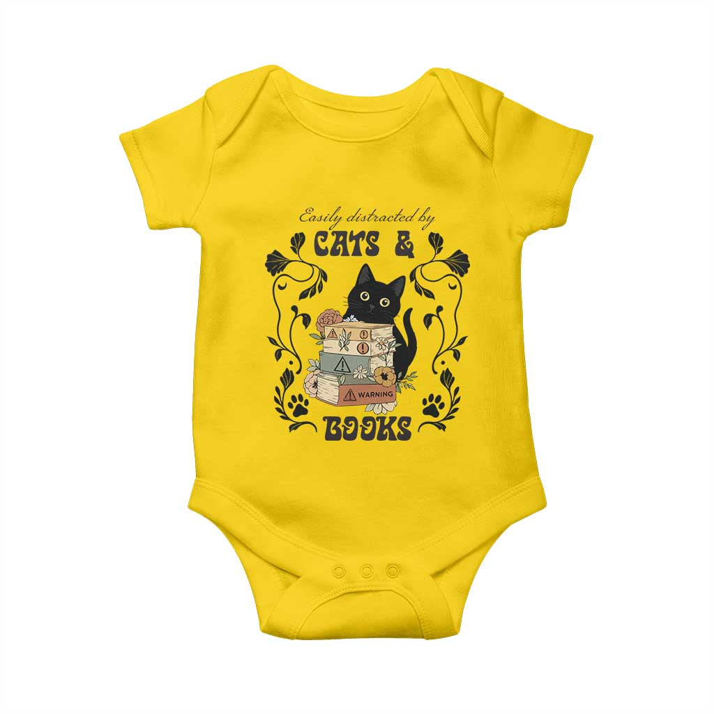 Easily Distracted By Cats And Books Baby Onesie Funny Book Kitty Lover - Wonder Print Shop