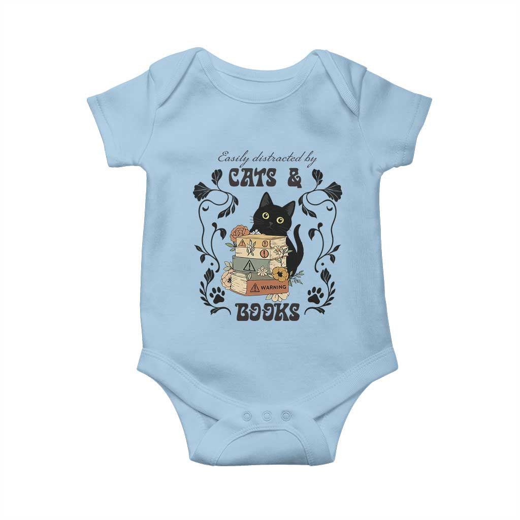 Easily Distracted By Cats And Books Baby Onesie Funny Book Kitty Lover - Wonder Print Shop