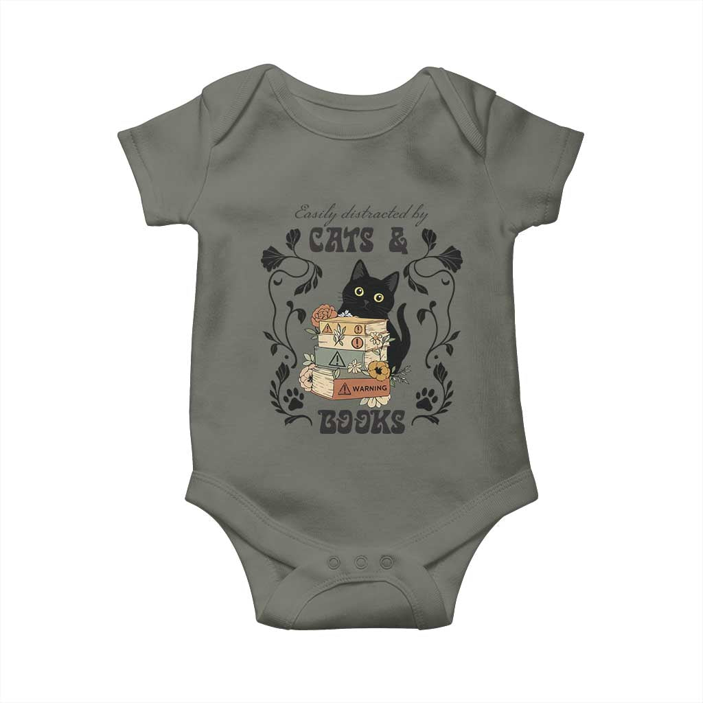 Easily Distracted By Cats And Books Baby Onesie Funny Book Kitty Lover - Wonder Print Shop