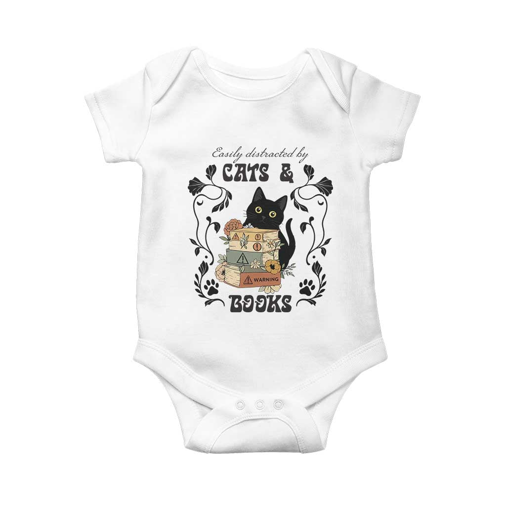 Easily Distracted By Cats And Books Baby Onesie Funny Book Kitty Lover - Wonder Print Shop
