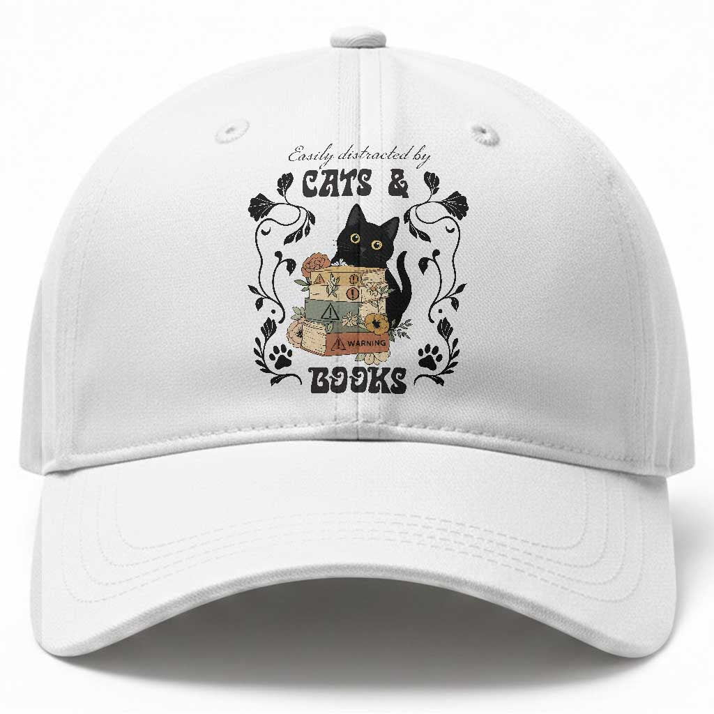 Easily Distracted By Cats And Books Baseball Cap Funny Book Kitty Lover