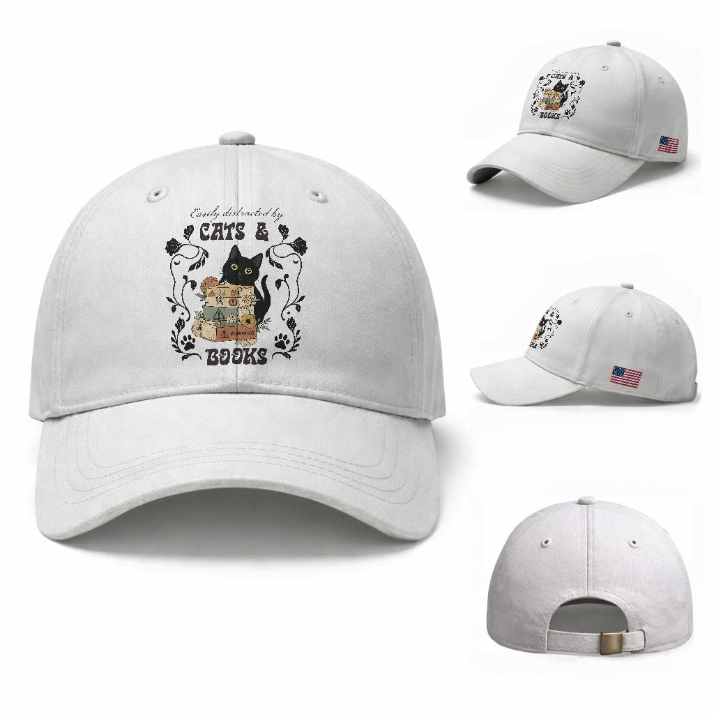 Easily Distracted By Cats And Books Baseball Cap Funny Book Kitty Lover