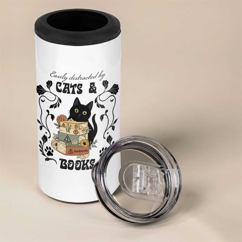 Easily Distracted By Cats And Books 4 in 1 Can Cooler Tumbler Funny Book Kitty Lover