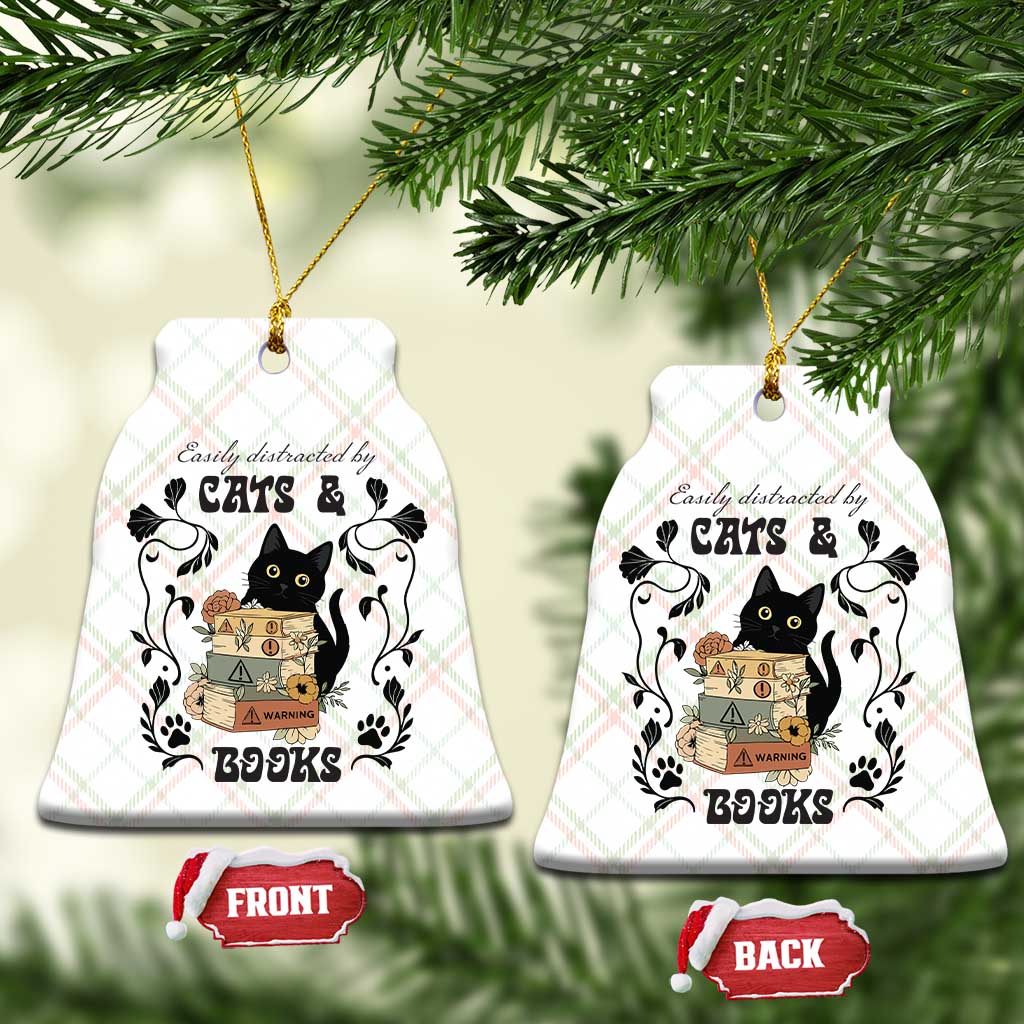 Easily Distracted By Cats And Books Ceramic Ornament Funny Book Kitty Lover - Wonder Print Shop