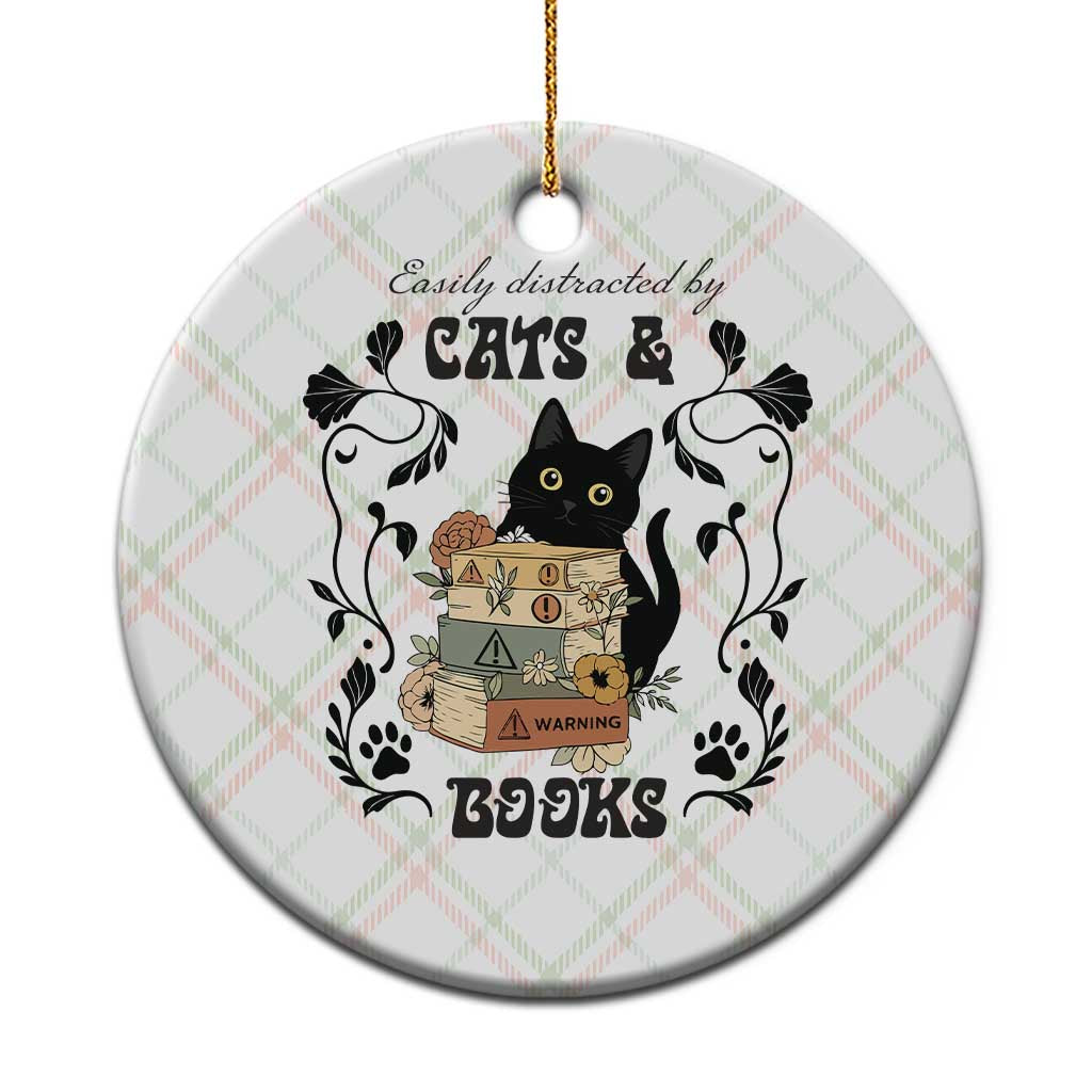 Easily Distracted By Cats And Books Ceramic Ornament Funny Book Kitty Lover - Wonder Print Shop