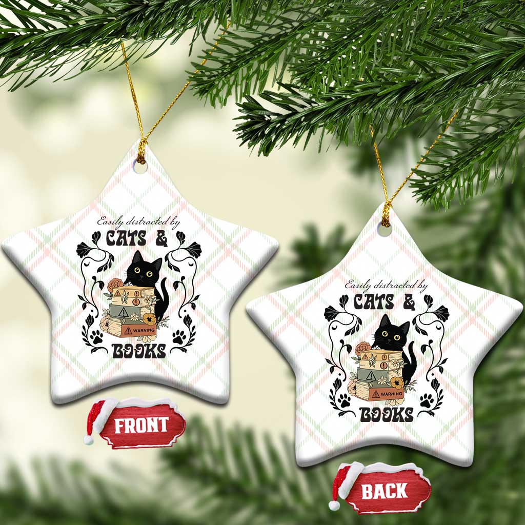 Easily Distracted By Cats And Books Ceramic Ornament Funny Book Kitty Lover - Wonder Print Shop