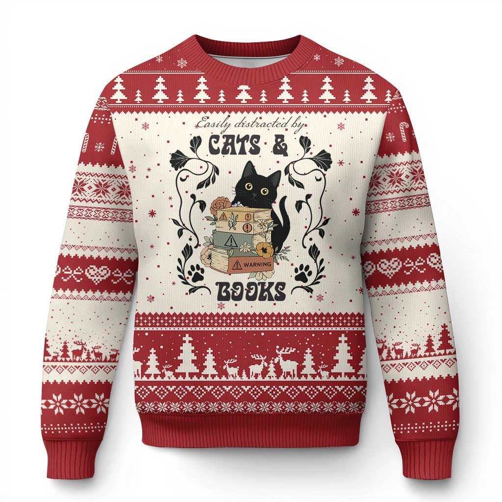 Easily Distracted By Cats And Books Ugly Christmas Sweater Funny Book Kitty Lover - Wonder Print Shop