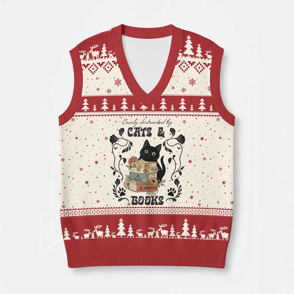 Easily Distracted By Cats And Books V-Neck Knit Sweater Vest Funny Book Kitty Lover - Wonder Print Shop