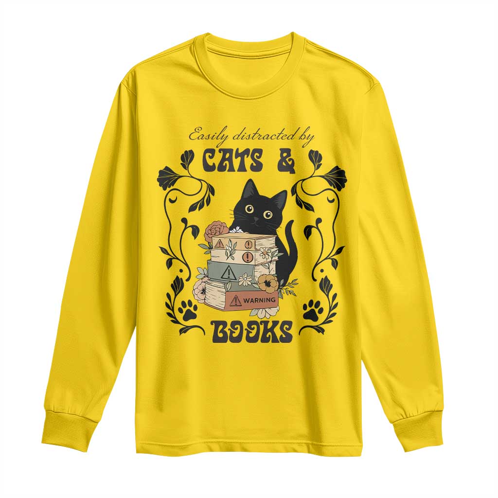 Easily Distracted By Cats And Books Long Sleeve Shirt Funny Book Kitty Lover - Wonder Print Shop