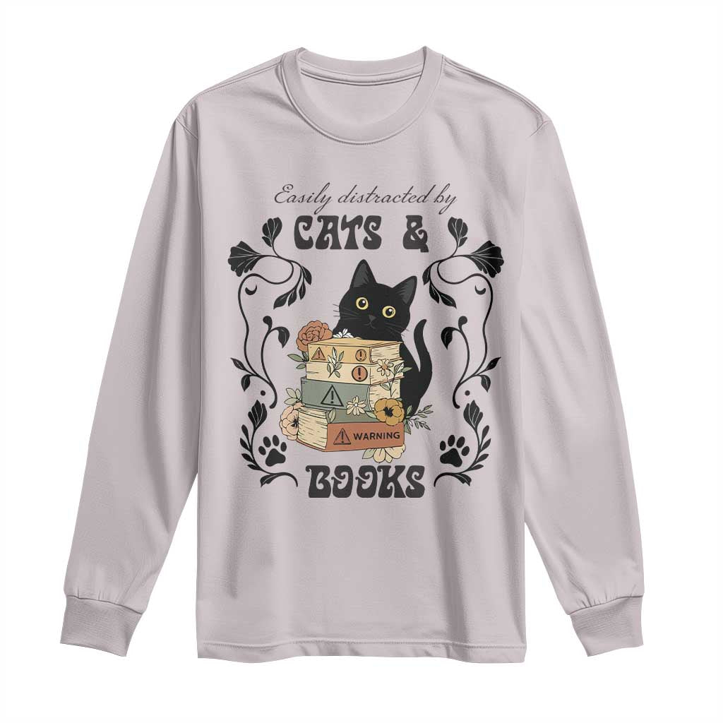 Easily Distracted By Cats And Books Long Sleeve Shirt Funny Book Kitty Lover - Wonder Print Shop