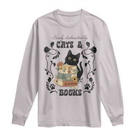 Easily Distracted By Cats And Books Long Sleeve Shirt Funny Book Kitty Lover - Wonder Print Shop