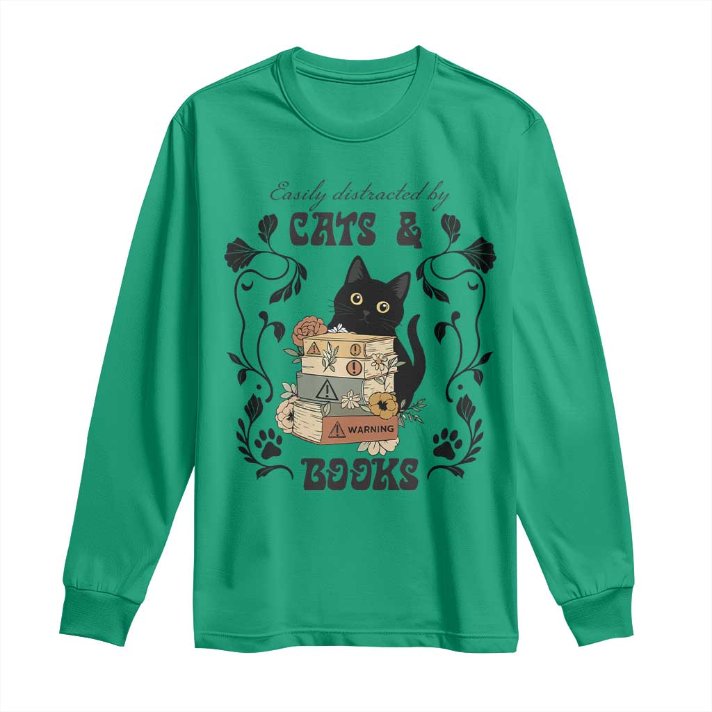 Easily Distracted By Cats And Books Long Sleeve Shirt Funny Book Kitty Lover - Wonder Print Shop