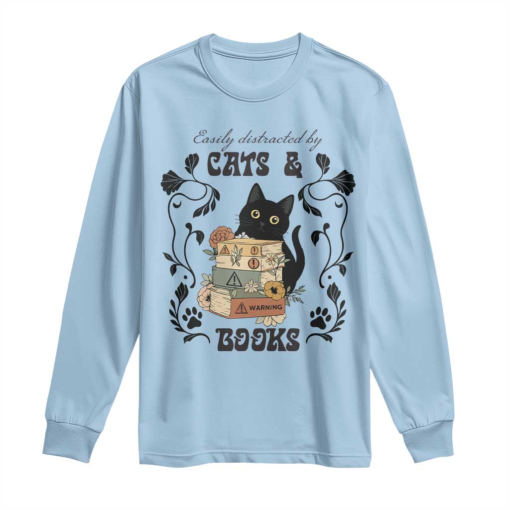 Easily Distracted By Cats And Books Long Sleeve Shirt Funny Book Kitty Lover - Wonder Print Shop