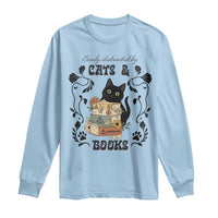 Easily Distracted By Cats And Books Long Sleeve Shirt Funny Book Kitty Lover - Wonder Print Shop