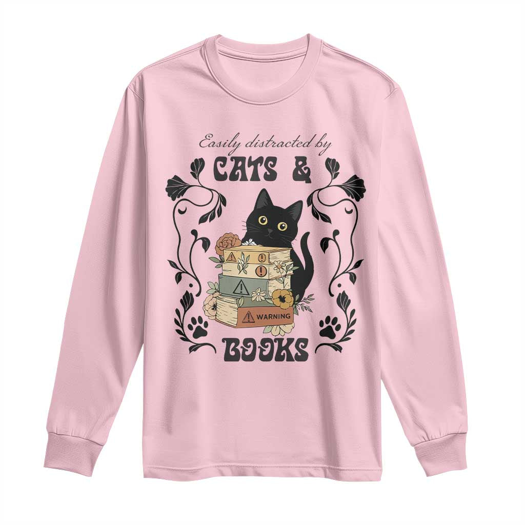 Easily Distracted By Cats And Books Long Sleeve Shirt Funny Book Kitty Lover - Wonder Print Shop