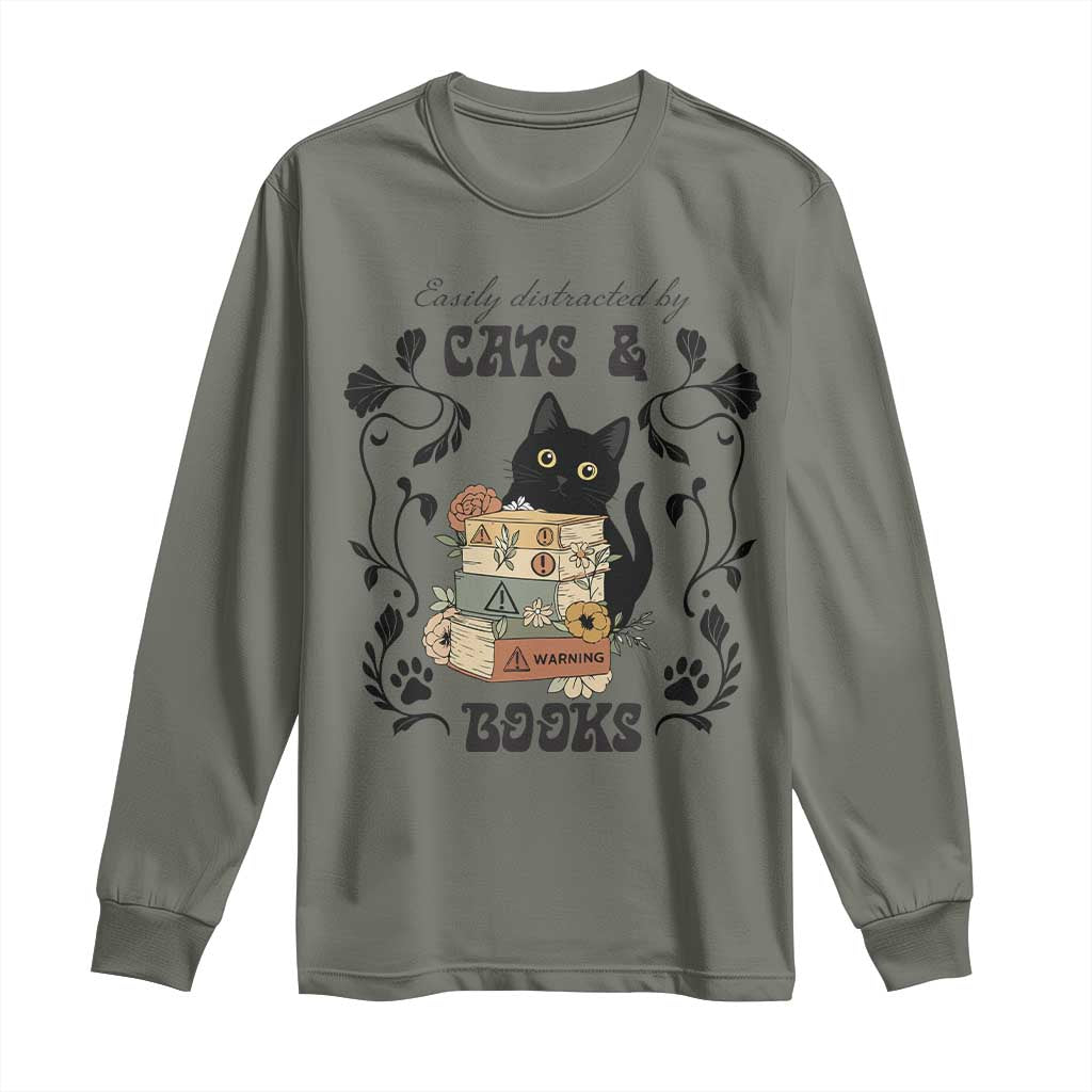 Easily Distracted By Cats And Books Long Sleeve Shirt Funny Book Kitty Lover - Wonder Print Shop