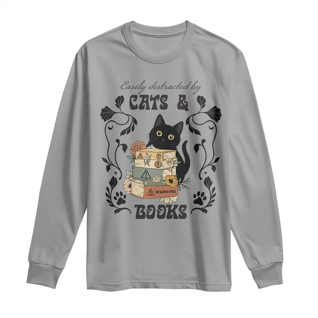 Easily Distracted By Cats And Books Long Sleeve Shirt Funny Book Kitty Lover - Wonder Print Shop