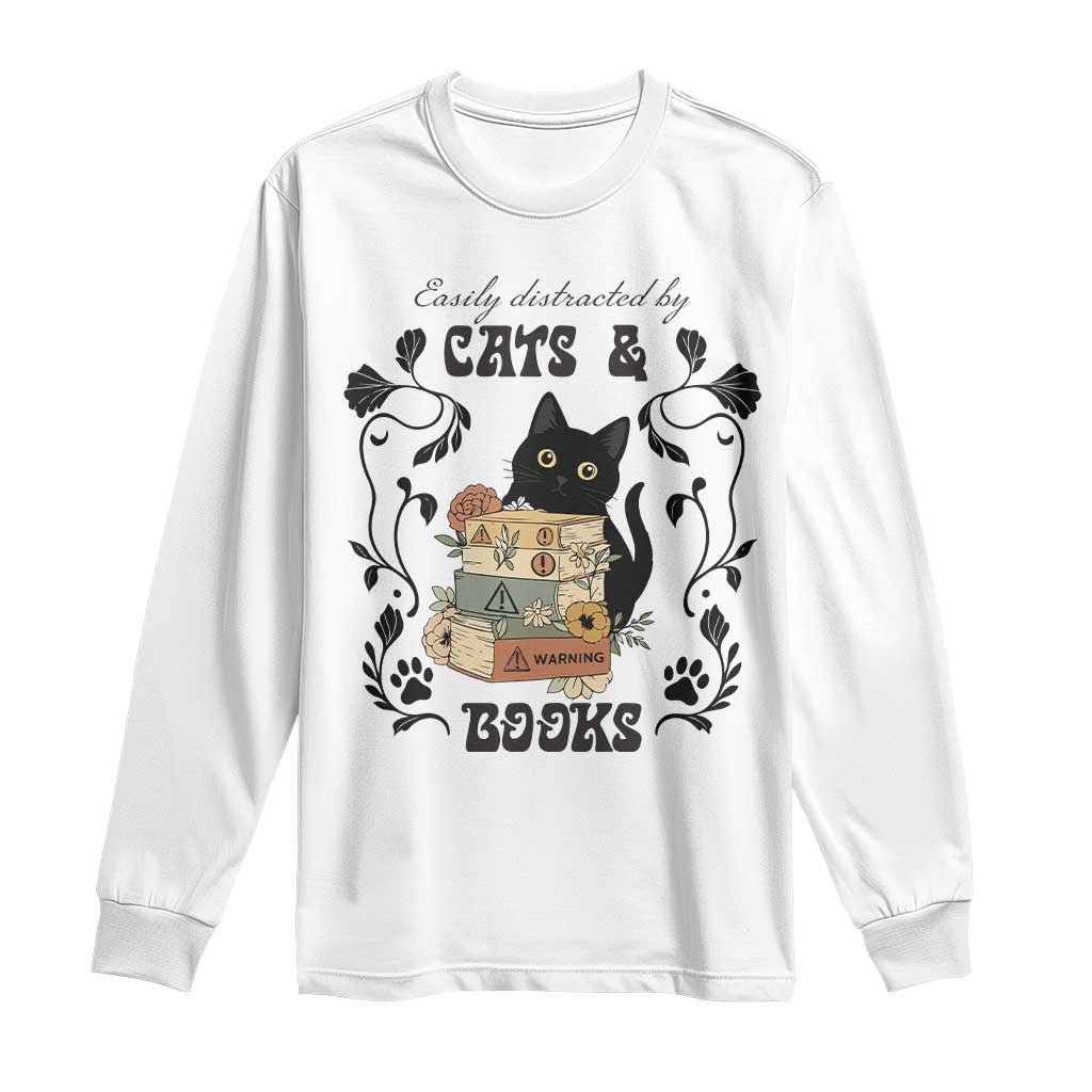 Easily Distracted By Cats And Books Long Sleeve Shirt Funny Book Kitty Lover - Wonder Print Shop