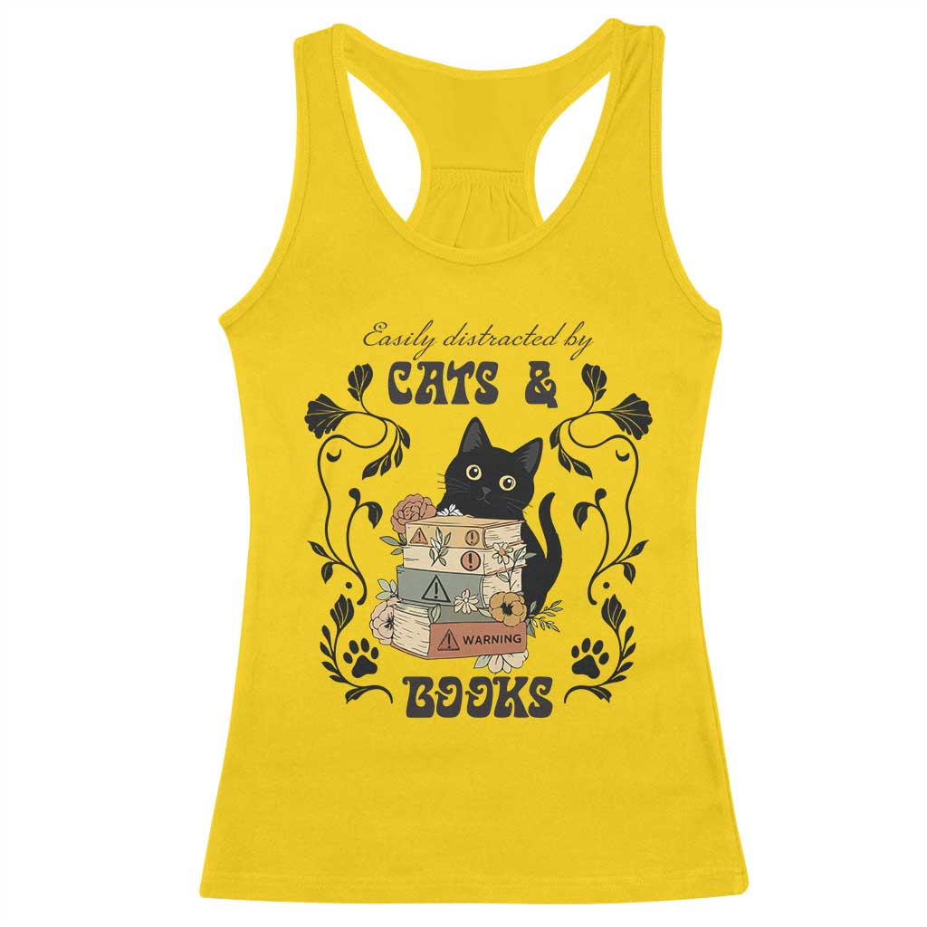 Easily Distracted By Cats And Books Racerback Tank Top Funny Book Kitty Lover - Wonder Print Shop