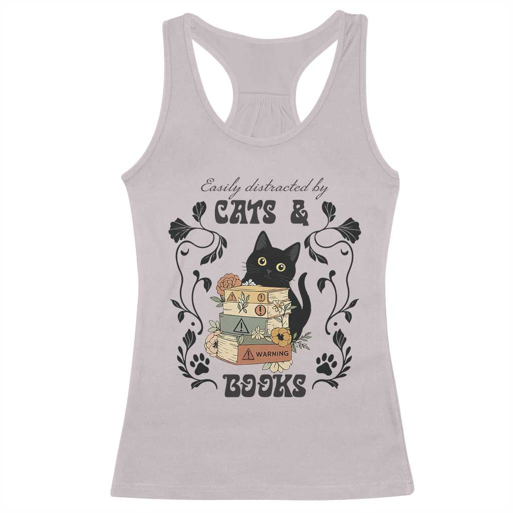 Easily Distracted By Cats And Books Racerback Tank Top Funny Book Kitty Lover - Wonder Print Shop