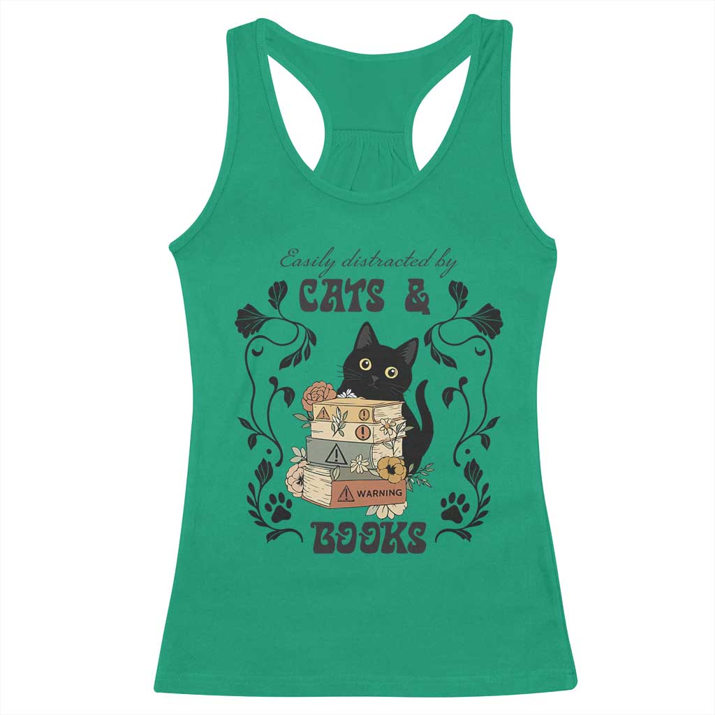 Easily Distracted By Cats And Books Racerback Tank Top Funny Book Kitty Lover - Wonder Print Shop