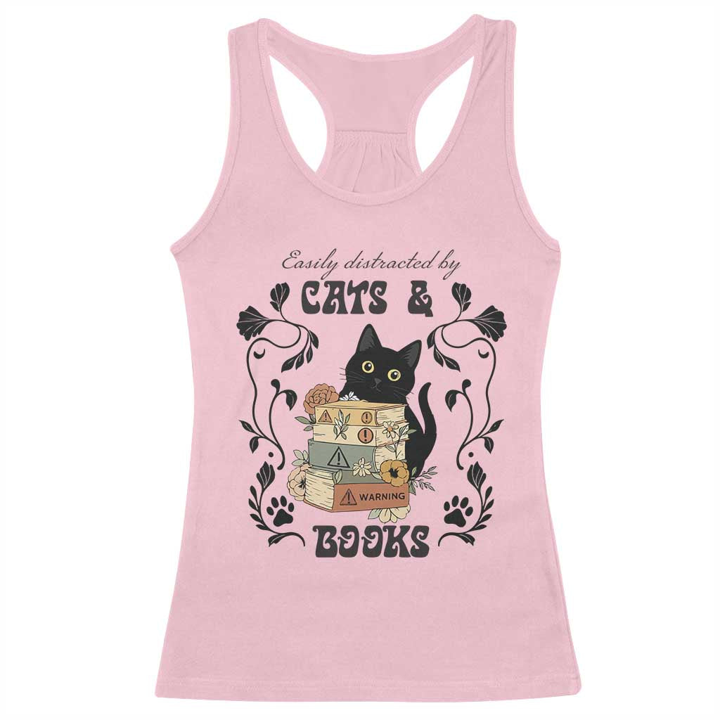 Easily Distracted By Cats And Books Racerback Tank Top Funny Book Kitty Lover - Wonder Print Shop