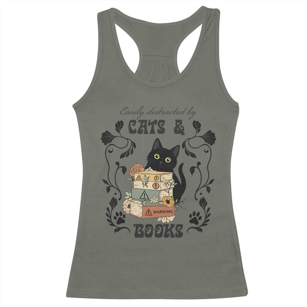 Easily Distracted By Cats And Books Racerback Tank Top Funny Book Kitty Lover - Wonder Print Shop