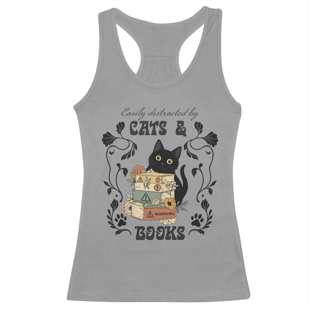 Easily Distracted By Cats And Books Racerback Tank Top Funny Book Kitty Lover - Wonder Print Shop