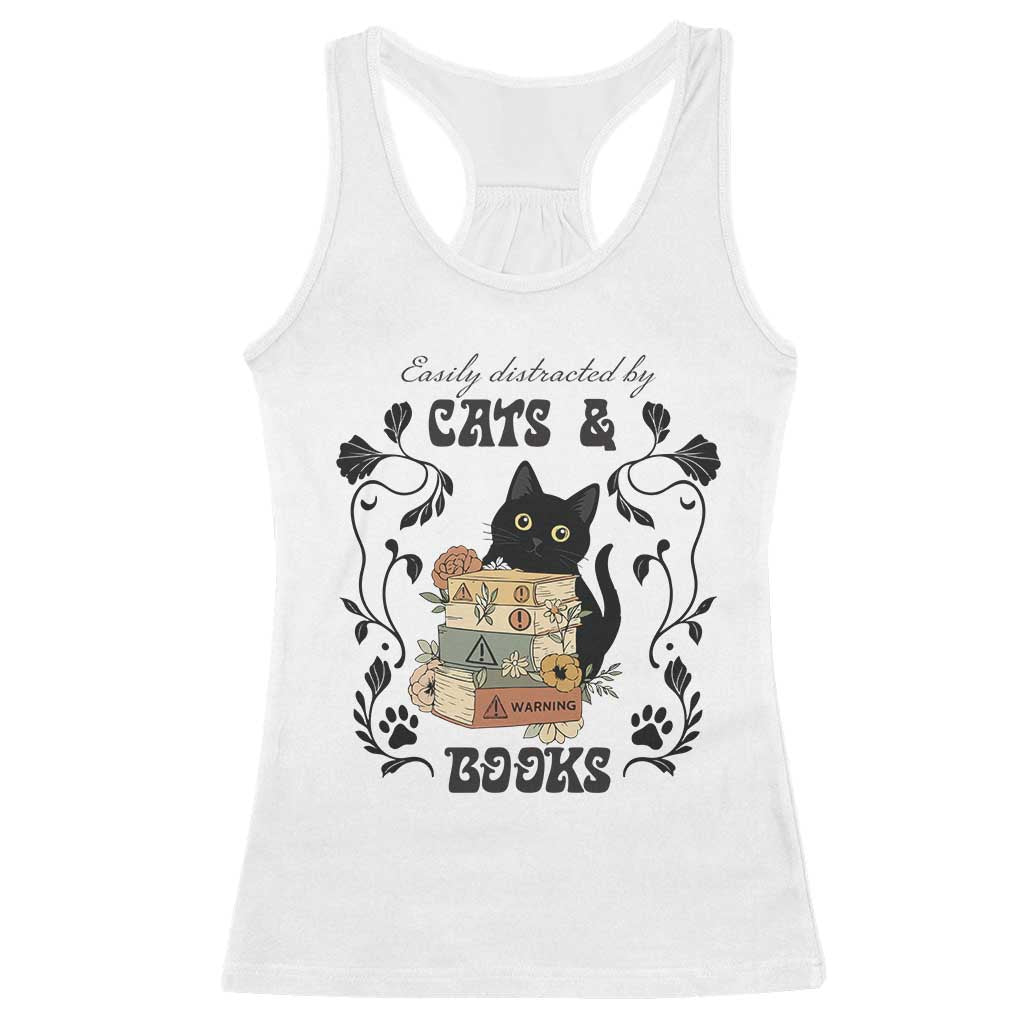 Easily Distracted By Cats And Books Racerback Tank Top Funny Book Kitty Lover - Wonder Print Shop