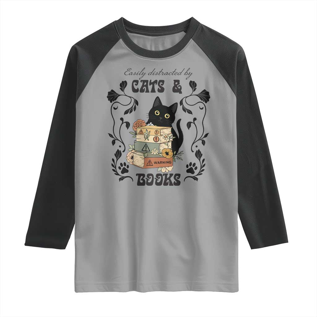 Easily Distracted By Cats And Books Raglan Shirt Funny Book Kitty Lover - Wonder Print Shop