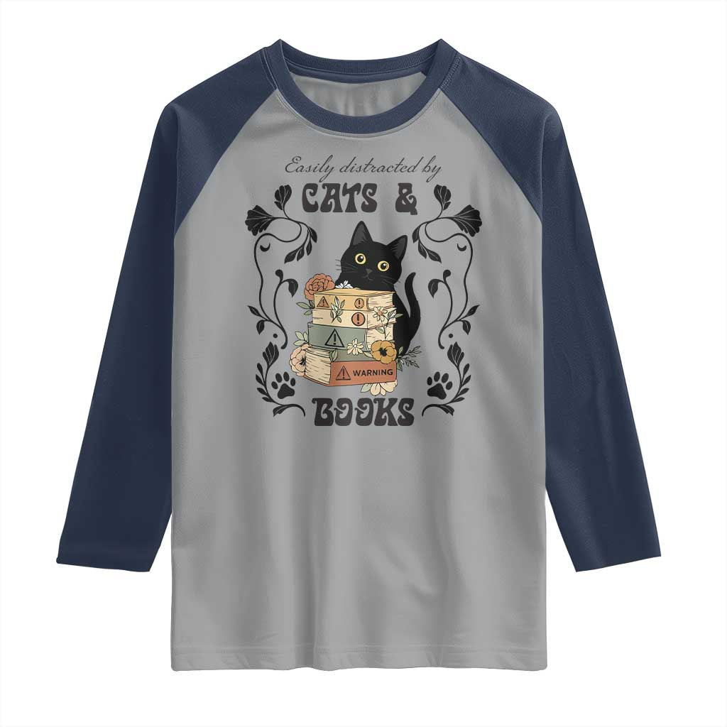 Easily Distracted By Cats And Books Raglan Shirt Funny Book Kitty Lover - Wonder Print Shop