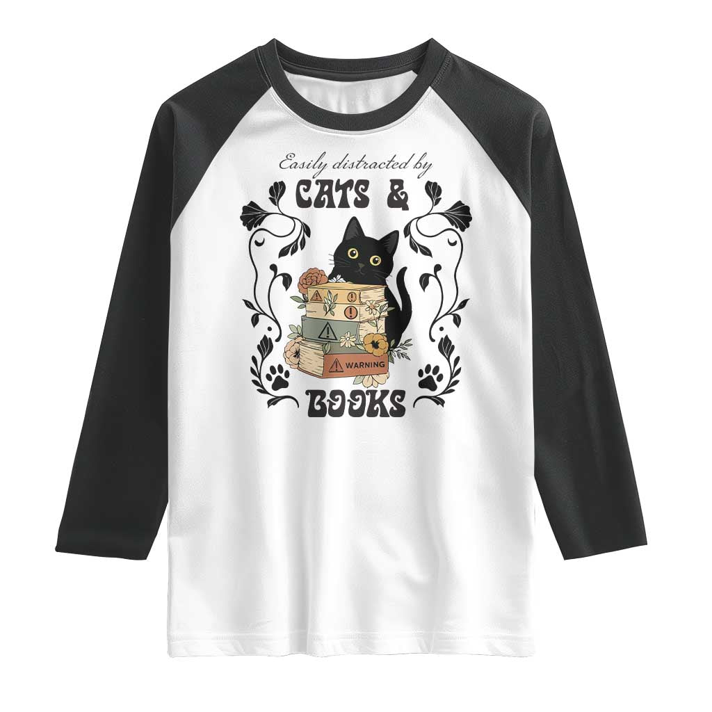 Easily Distracted By Cats And Books Raglan Shirt Funny Book Kitty Lover - Wonder Print Shop