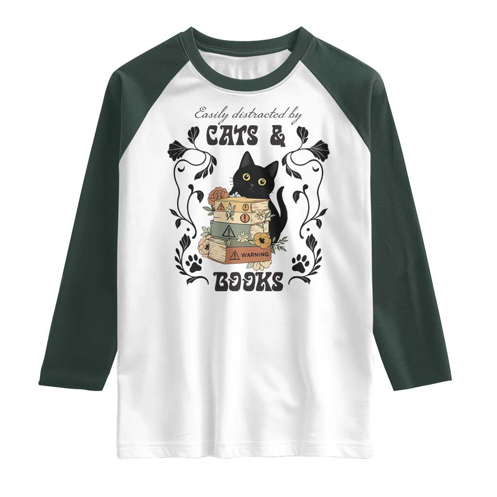 Easily Distracted By Cats And Books Raglan Shirt Funny Book Kitty Lover - Wonder Print Shop