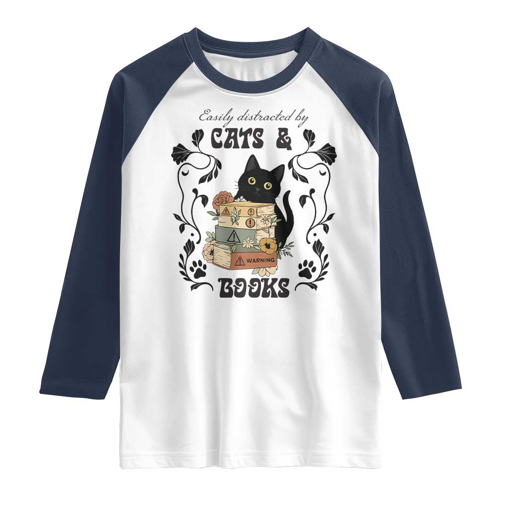 Easily Distracted By Cats And Books Raglan Shirt Funny Book Kitty Lover - Wonder Print Shop