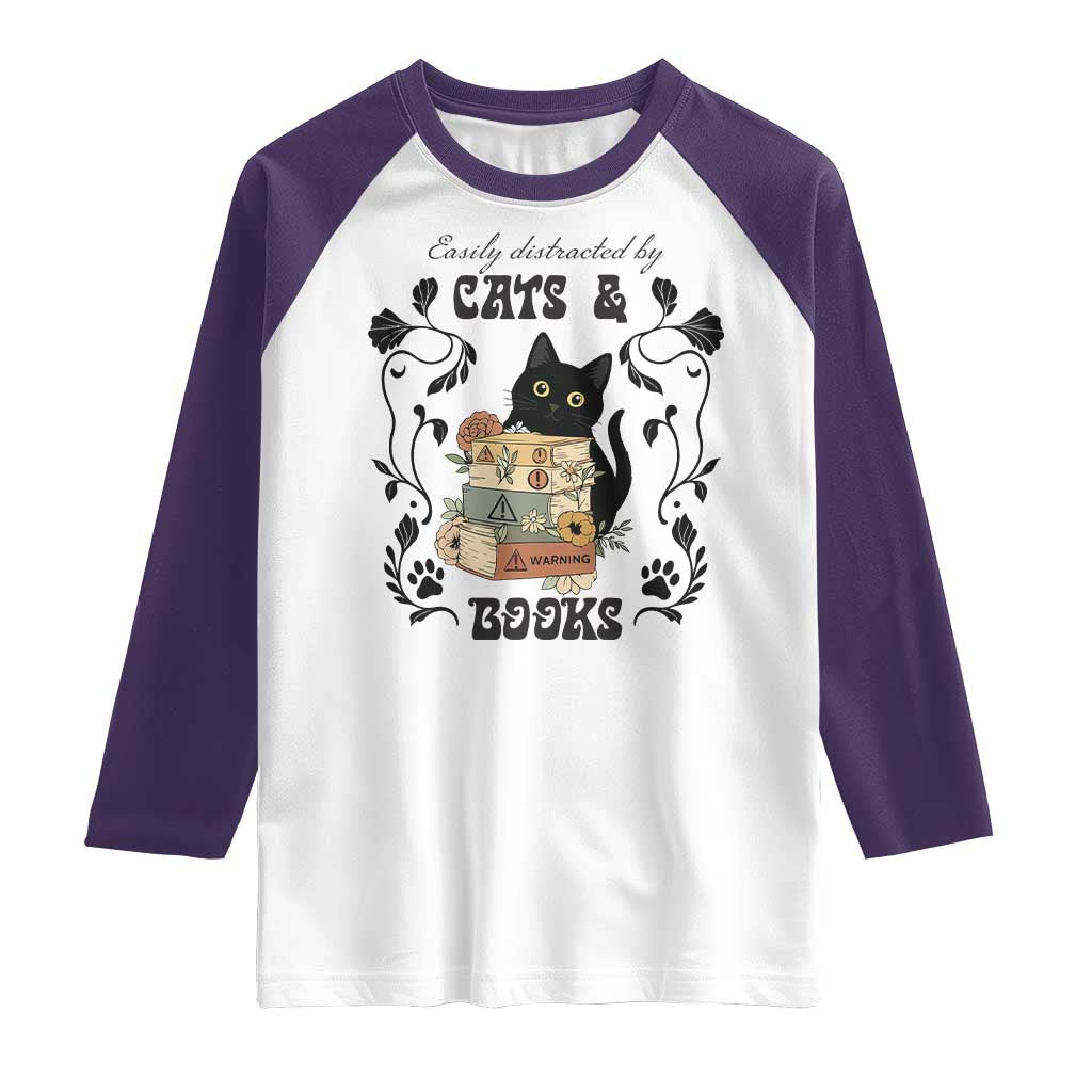 Easily Distracted By Cats And Books Raglan Shirt Funny Book Kitty Lover - Wonder Print Shop