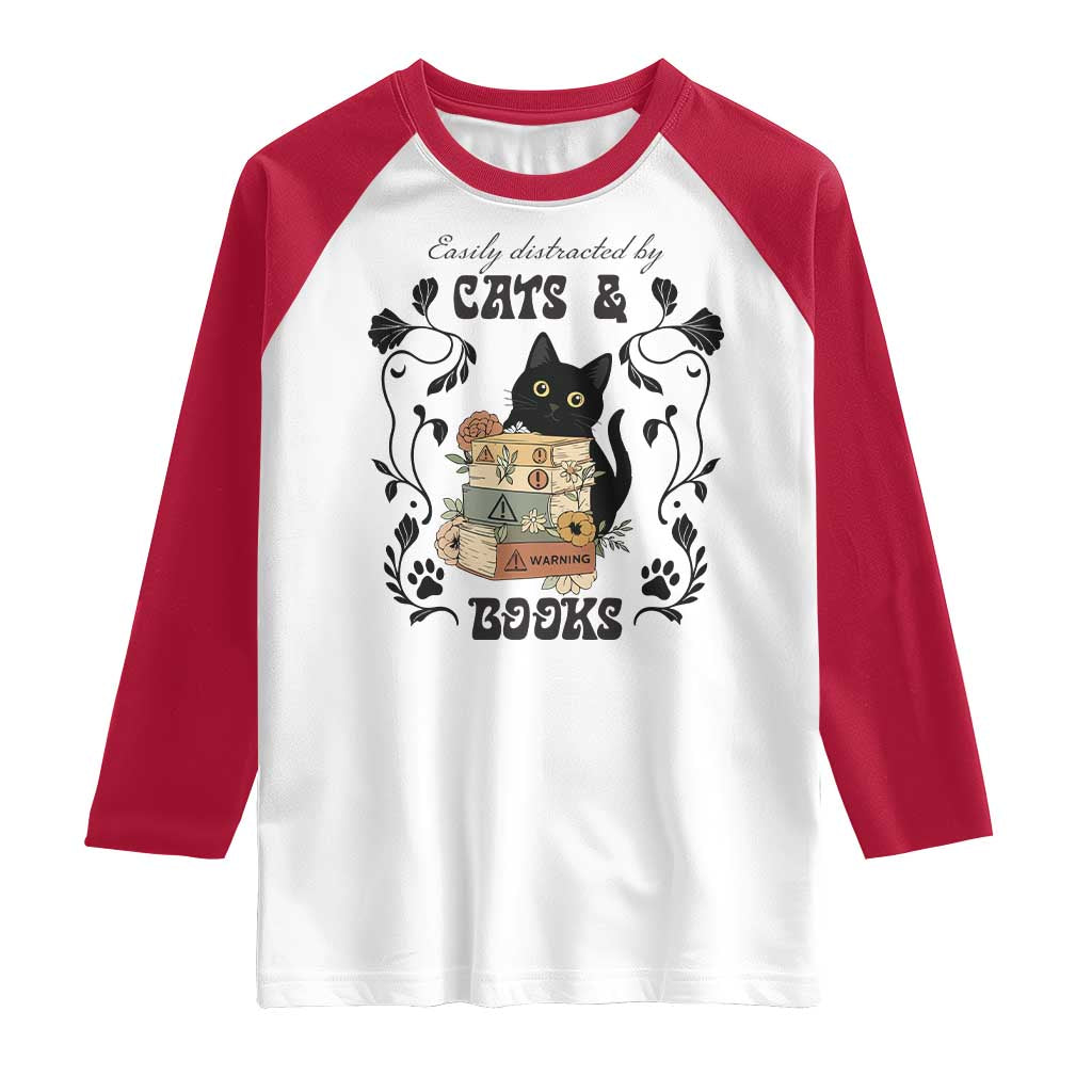 Easily Distracted By Cats And Books Raglan Shirt Funny Book Kitty Lover - Wonder Print Shop