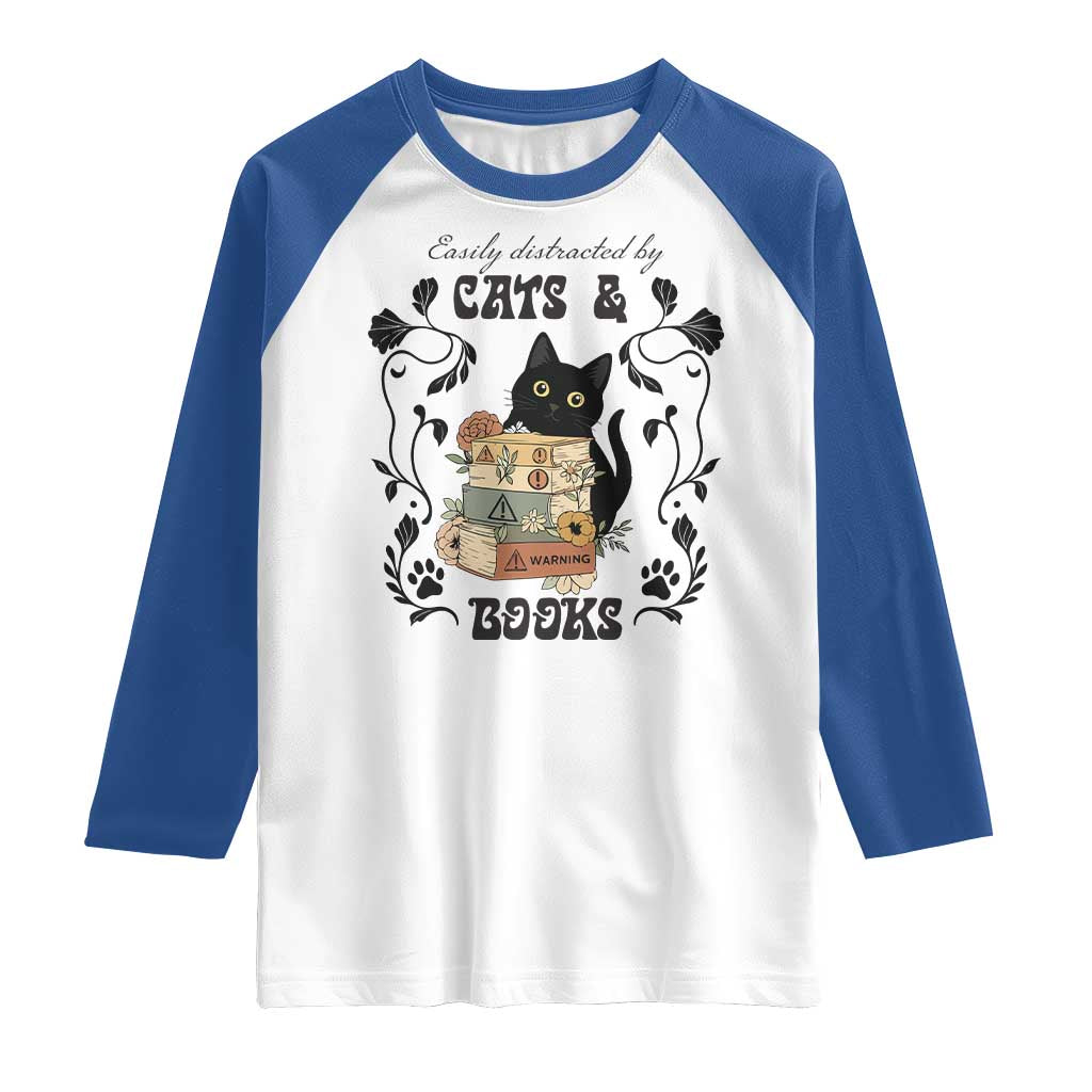 Easily Distracted By Cats And Books Raglan Shirt Funny Book Kitty Lover - Wonder Print Shop