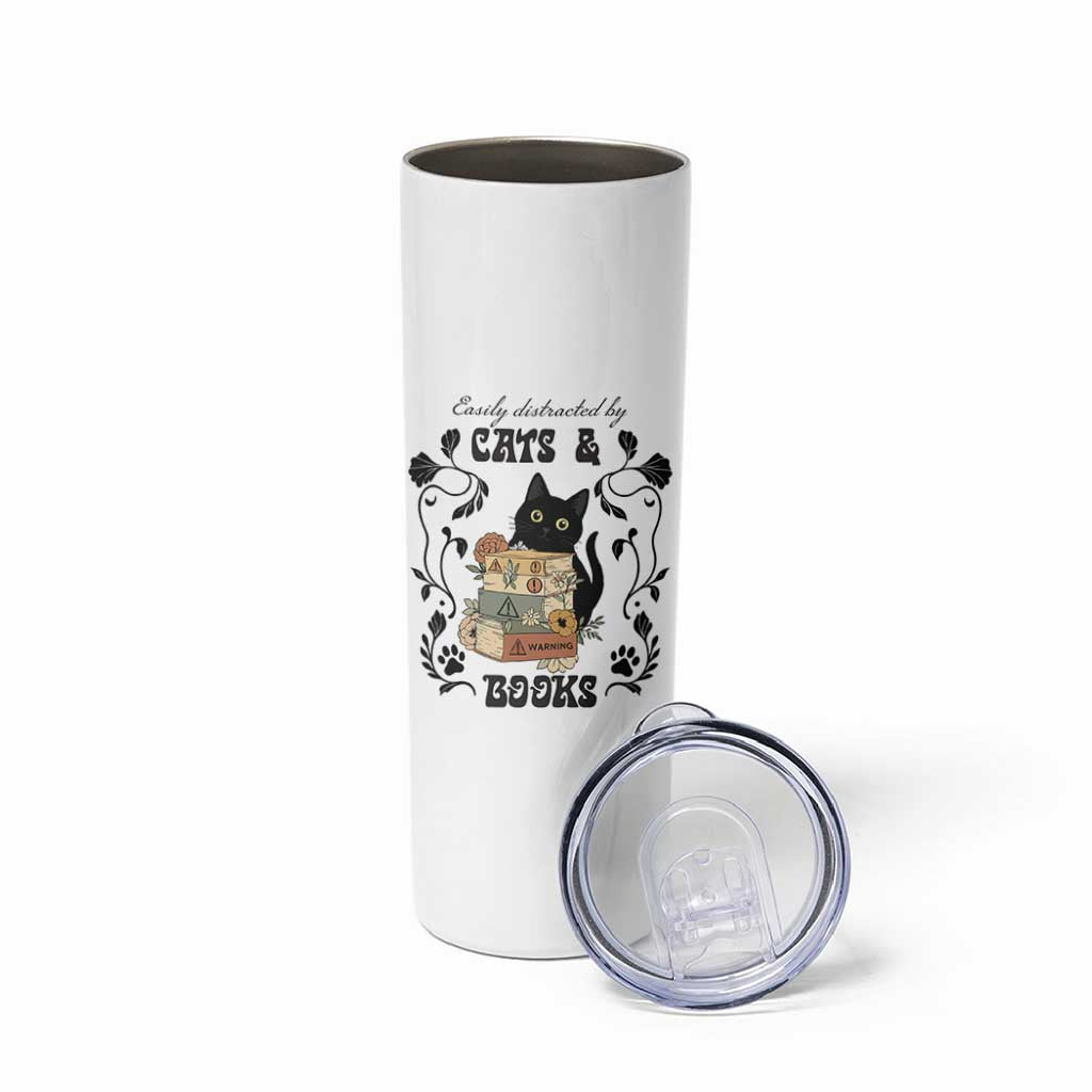 Easily Distracted By Cats And Books Skinny Tumbler Funny Book Kitty Lover