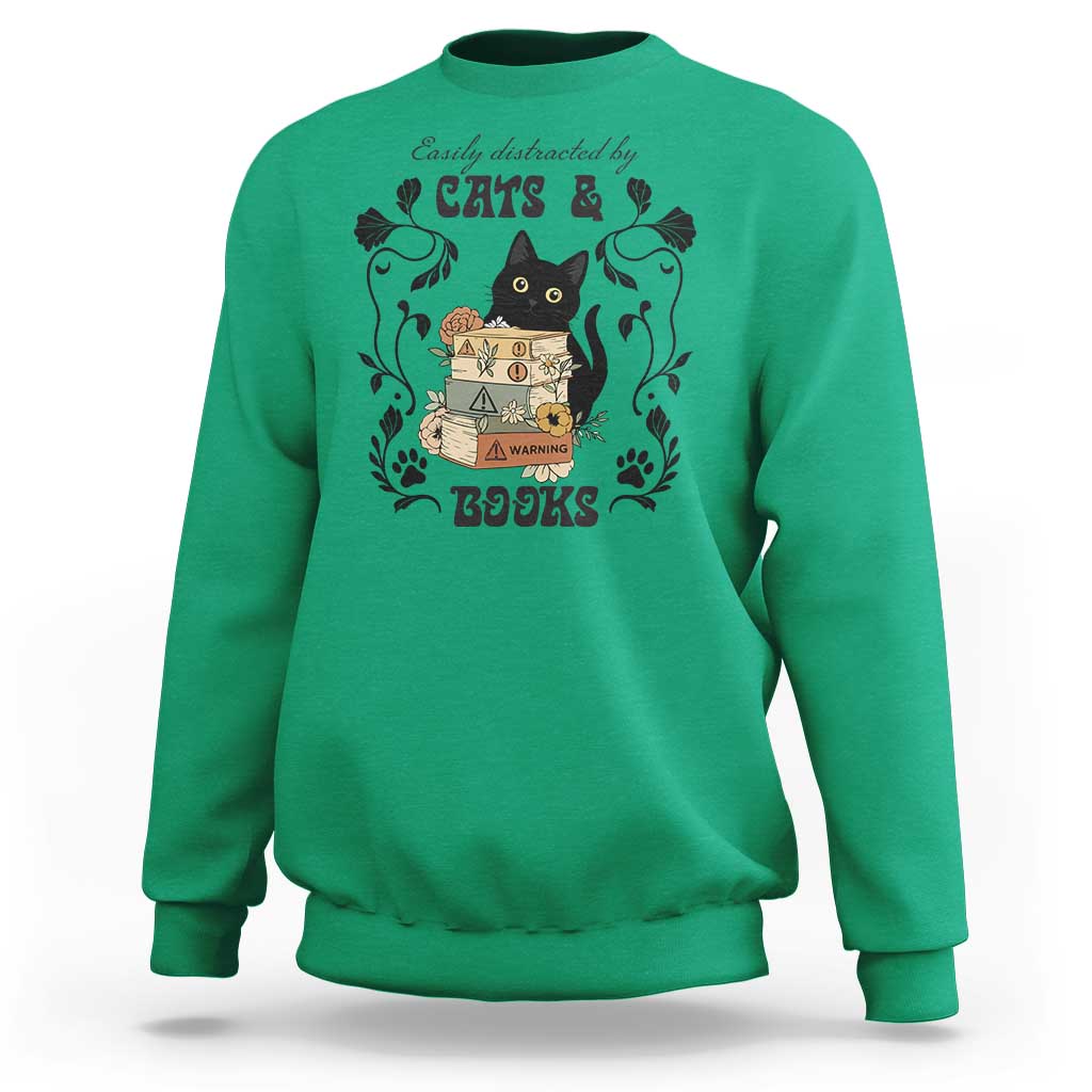 Easily Distracted By Cats And Books Sweatshirt Funny Book Kitty Lover - Wonder Print Shop